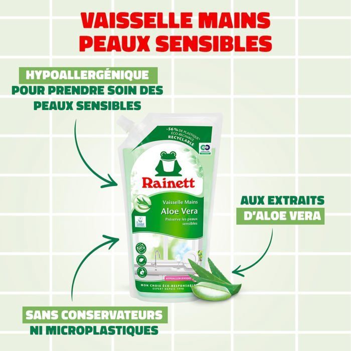 Liquide Vaisselle Mains-Formule Hypoallergénique-Préserve Les Peaux Sensibles-Poche 100% Recyclable-Ecolabel-Aloe Vera-Éco-Recharg