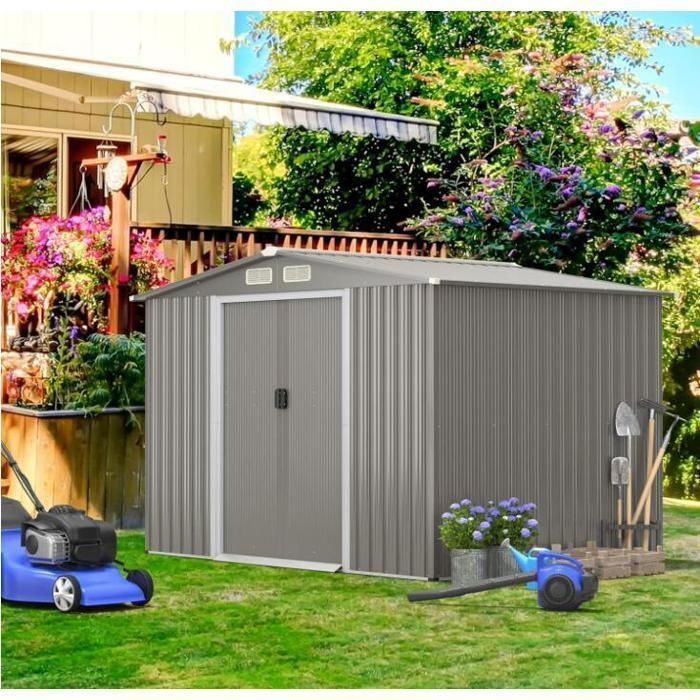 Caseta de jardín metálica de 4,74 m² - RELAX4LIFE - 260x207x181 cm - Chapa de acero galvanizado - 8,59 m³ - Puerta corredera doble - Gris claro