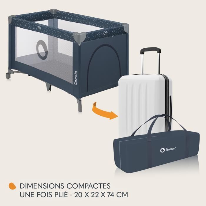Cuna de viaje compacta 2 en 1 LIONELO Stefi - Parque infantil - 0-36 meses - Bolsa de transporte - Plegado rápido - 2 ruedas - Azul
