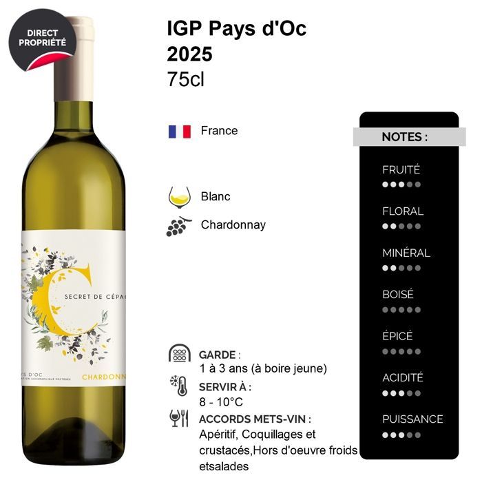 Les Vignerons du Sommiérois Pays d'Oc Secret de Cépage Chardonnay 2025 - Vino bianco della Linguadoca-Rossiglione (6x75cl)