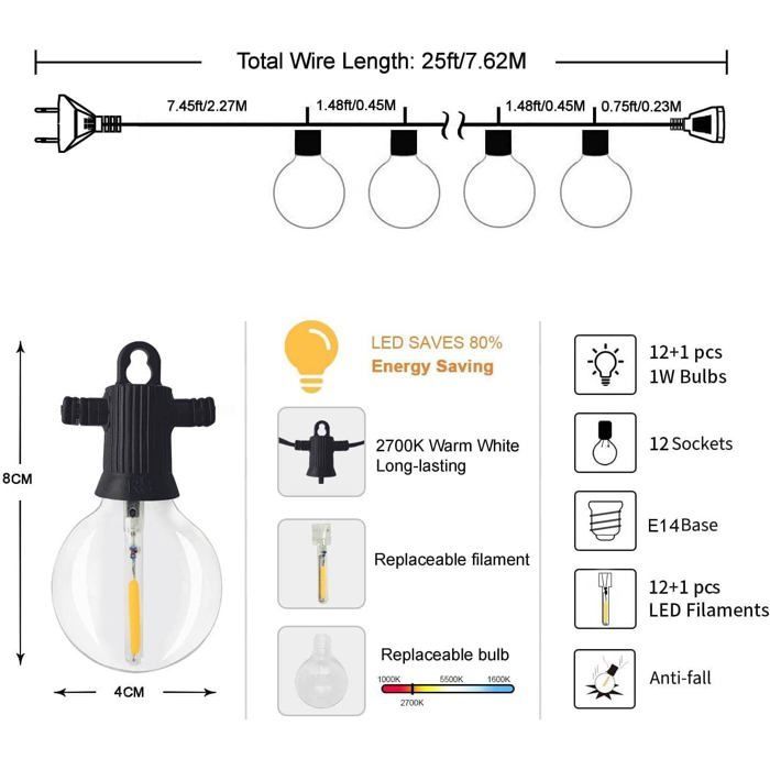 Outdoor String Lights G40, 50ft/15m LED Outdoor String Lights with 25 Bulbs + 2 Spares, 2700K Warm White