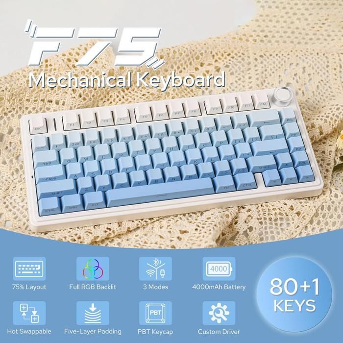 Aula F75 75% Wireless Mechanical Gaming Keyboard - 3 Modes, Gasket Structure, Interchangeable Switches, RGB-Cloud Blue Buttons