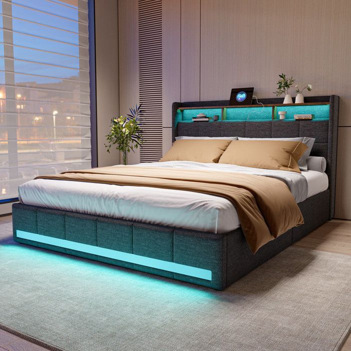 Letto matrimoniale 140 x 190 cm con rete a doghe, letto matrimoniale con cassetti, porte LED e USB, letto matrimoniale imbottito con struttura a doghe in legno, biancheria grigia