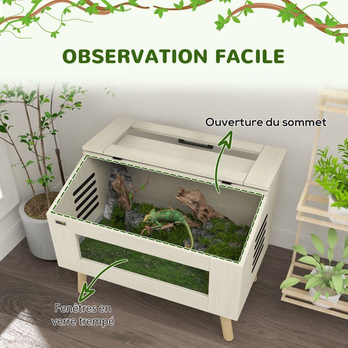 Terrarium pour reptiles - PawHut - avec aération - 111L - avec fenêtres en verre trempé, couvercle - 80 x 50 x 60 cm - bois naturel