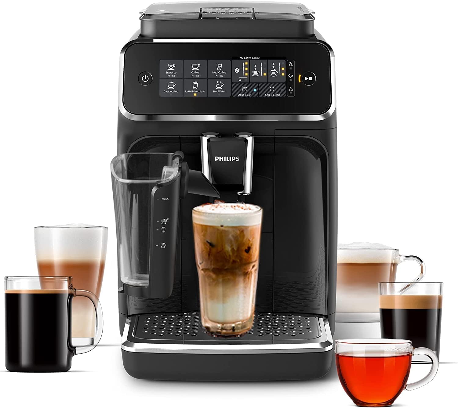 Philips 3200 Serie Vollautomatischer Espressoautomat - LatteGo Milchaufschäumer & Eiskaffee, 5 Kaffeesorten, intuitives Touch-Display, Schwarz, (EP3241/74)