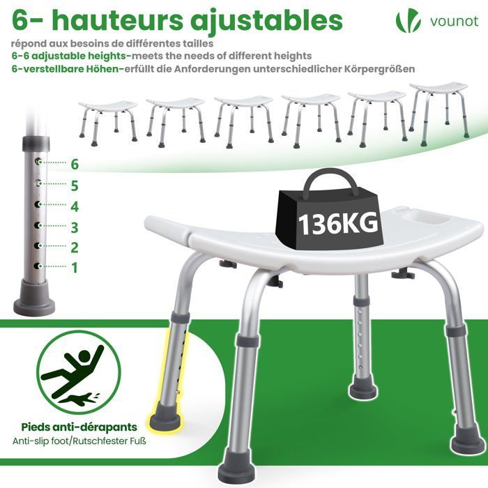 Asiento de ducha ergonómico VOUNOT® - Altura ajustable - Patas antideslizantes - Taburete de aluminio y HDPE - Blanco