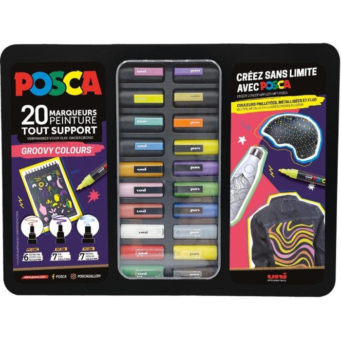 Metal case containing 20 POSCA Groovy Colours markers