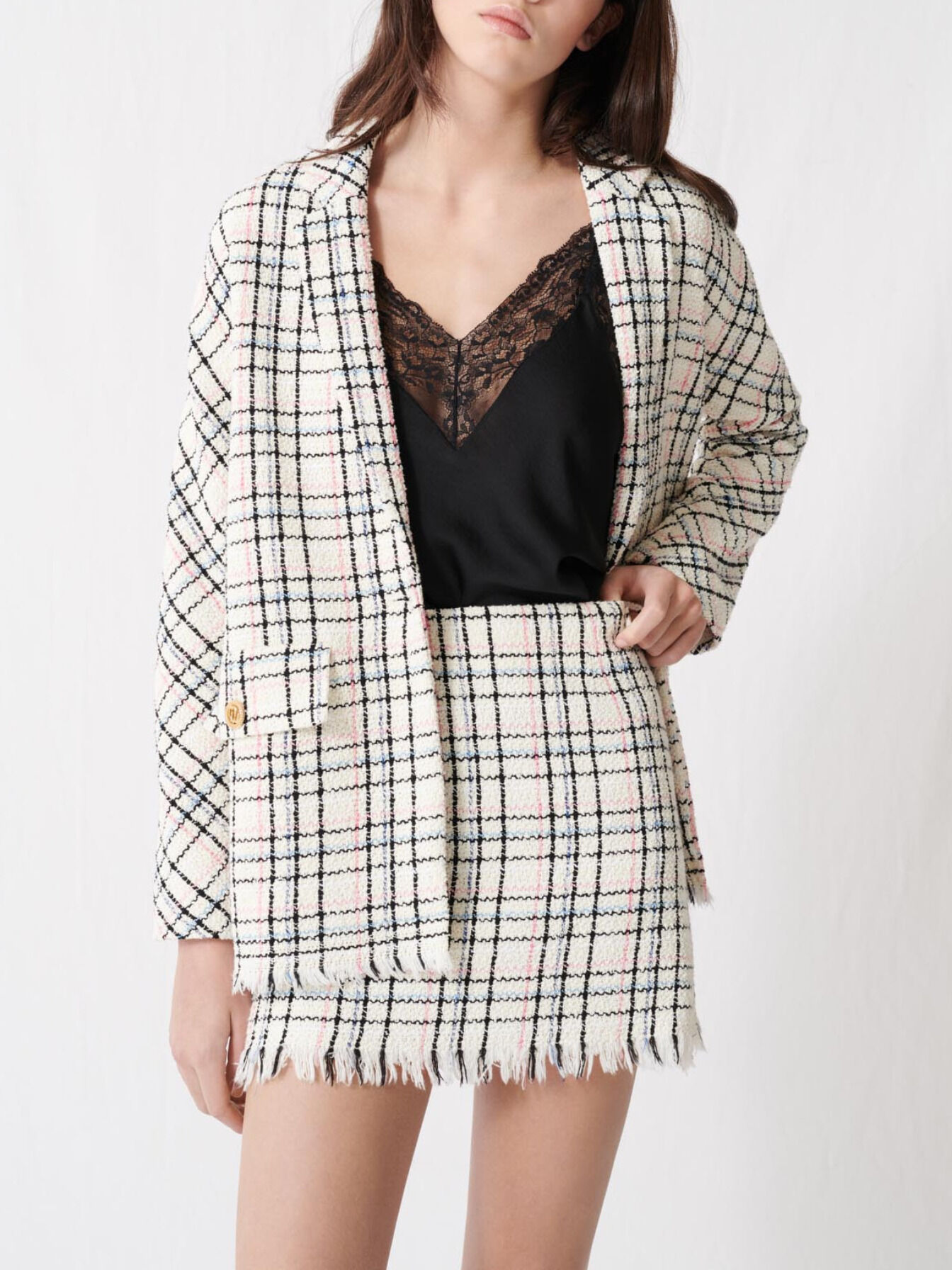 Jachetă din tweed în carouri - Raw