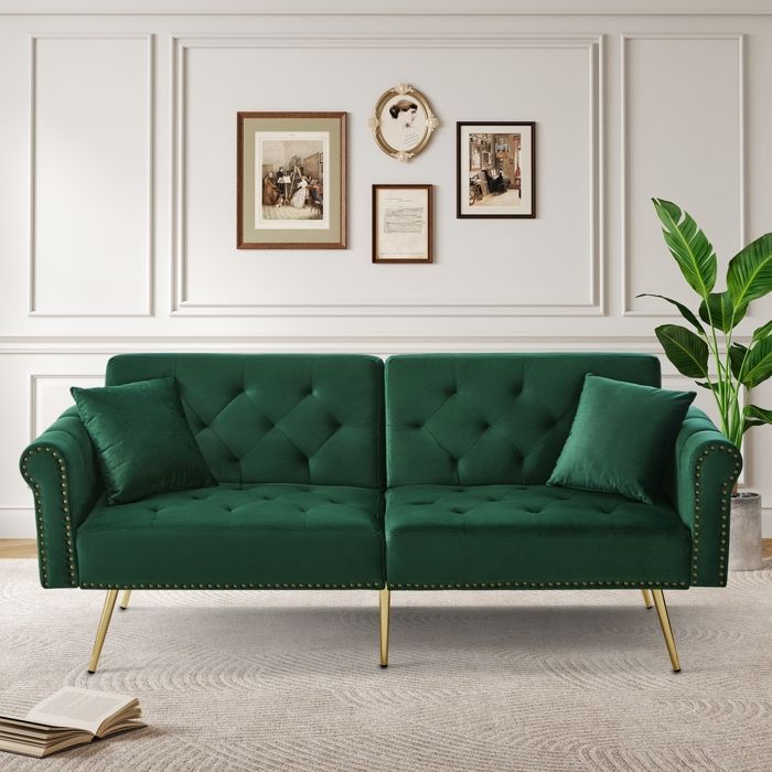 Sofá convertible - RAVAS - Sofá de 2 plazas - Terciopelo verde - Respaldo ajustable - Espacio de almacenamiento
