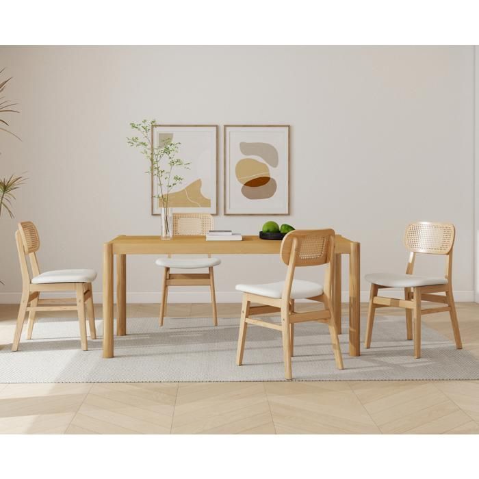 Wahson Eetkamerstoelenset van 2, retro houten en rotan eetkamerstoelen, keukenstoel voor de woonkamer, PU-leer, wit