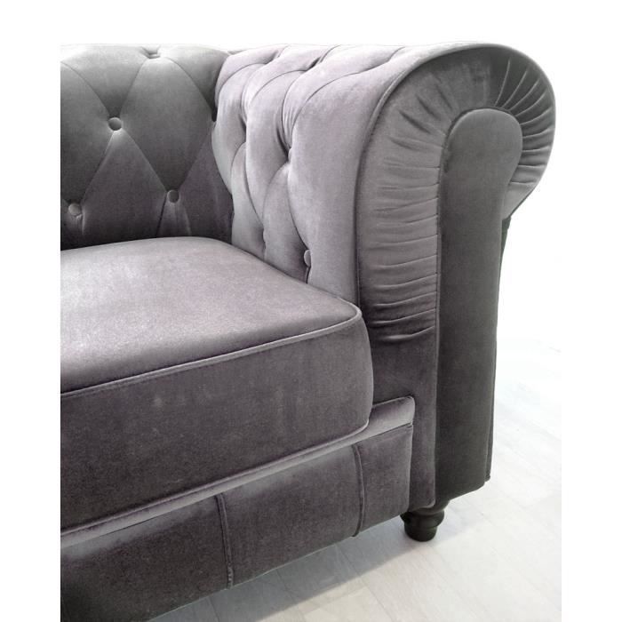Canapé Chesterfield Velours Argent - MENZZO - 3 places - Gris - Elégance - Chic - Moelleux