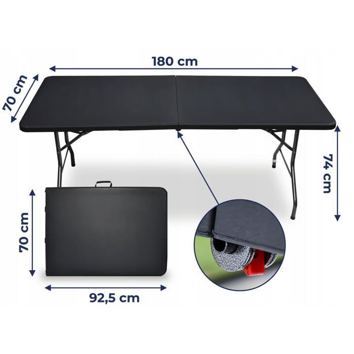 MEDAS PRO Folding Garden Table for Catering, Balcony Table, Camping Table, 180 x 70 cm, Black