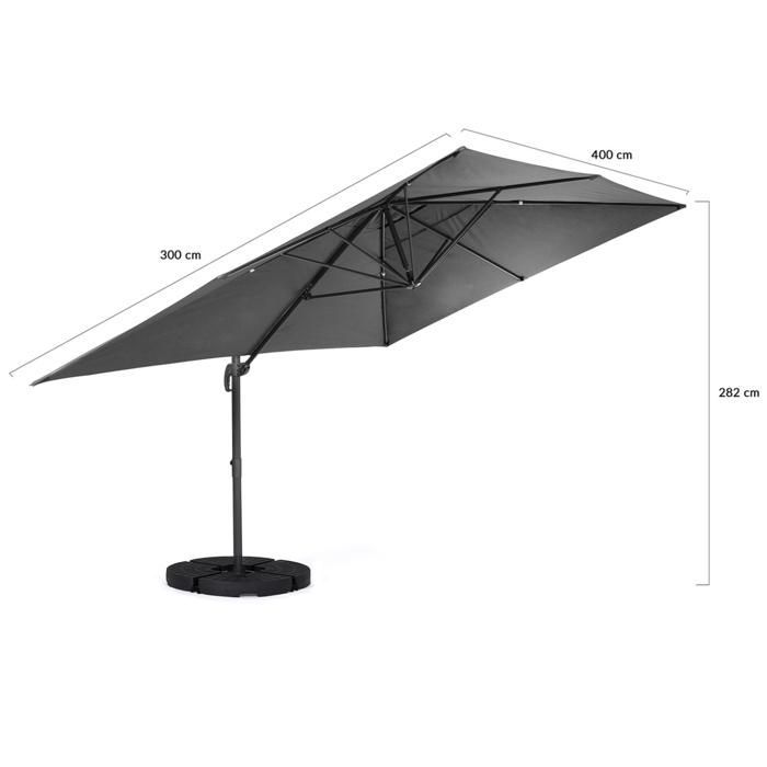 IDMARKET CALVI 3x4m Grijze Kantelbare Draaibare Parasol met 4 Voetplaten en Hoes