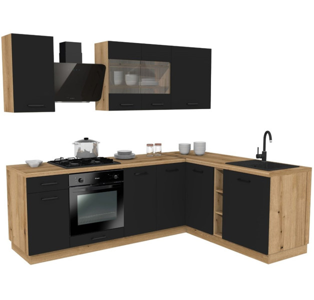 Kuchnia Topeshop Vario 240X180cm Z3 czarny bla dąb evoke bez AGD