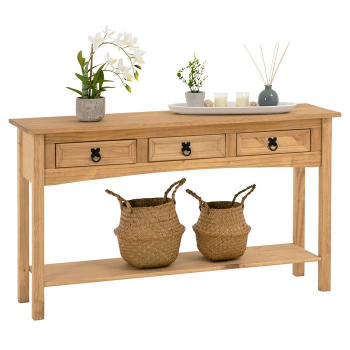 Mesa consola IDIMEX SALSA, mesa auxiliar de madera, mueble de almacenamiento para recibidor o sala de estar, con 3 cajones, pino macizo.