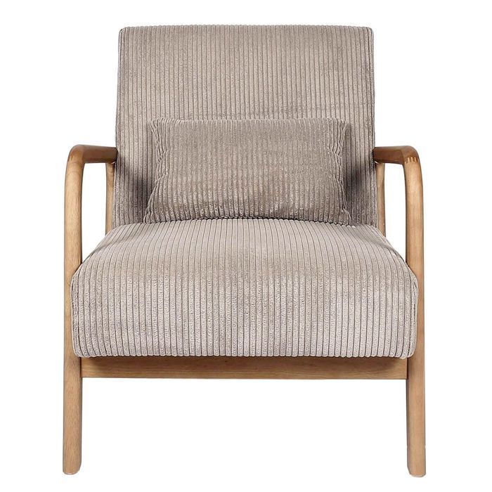 AMORY - Sillón de pana color topo con patas y reposabrazos de madera de caucho.