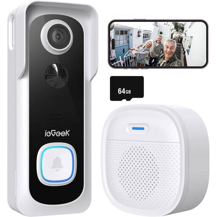 Timbre inalámbrico con cámara, timbre exterior 2K, resistente al agua IP66, timbre con video, audio bidireccional, PIR, WiFi 2.4G, 64 GB