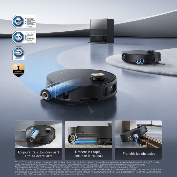 Aspirateur Robot Laveur dreame Aqua10 Roller Noir, 30 000 Pa et Brosse Démêlante, Protection de Rouleau, Vidage Automatique