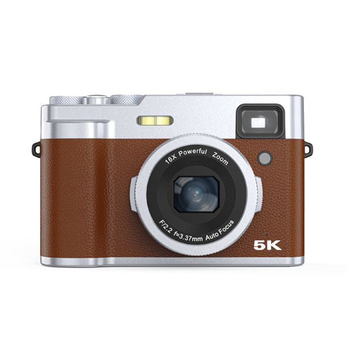 Cámara digital INF 5K con dos objetivos, visor, enfoque automático y estabilizador de imagen (marrón)