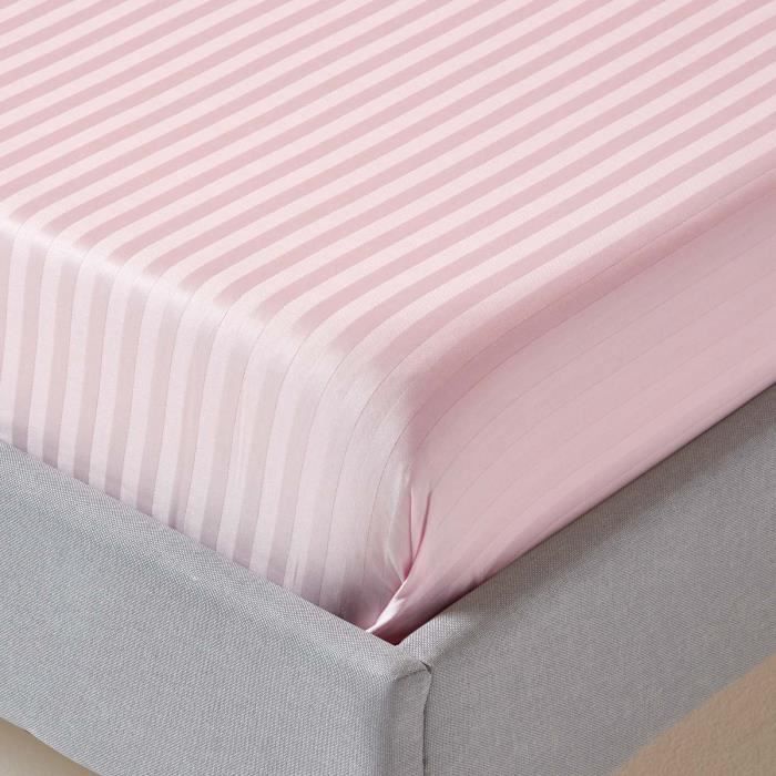 Lençol de cima listrado em cetim de algodão egípcio, 330 fios - HOMESCAPES - Rosa - 270 x 300 cm