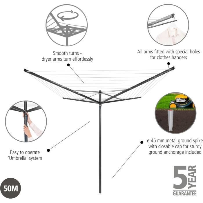 Séchoir Rotatif Brabantia Topspinner - Etendoir Linge - Anthracite - ø 295 cm
