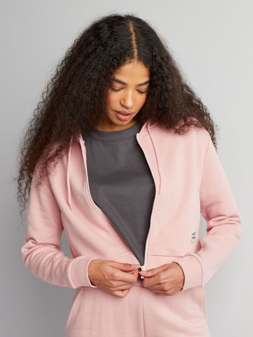 Moletom com capuz e zíper de cor sólida - ROSA