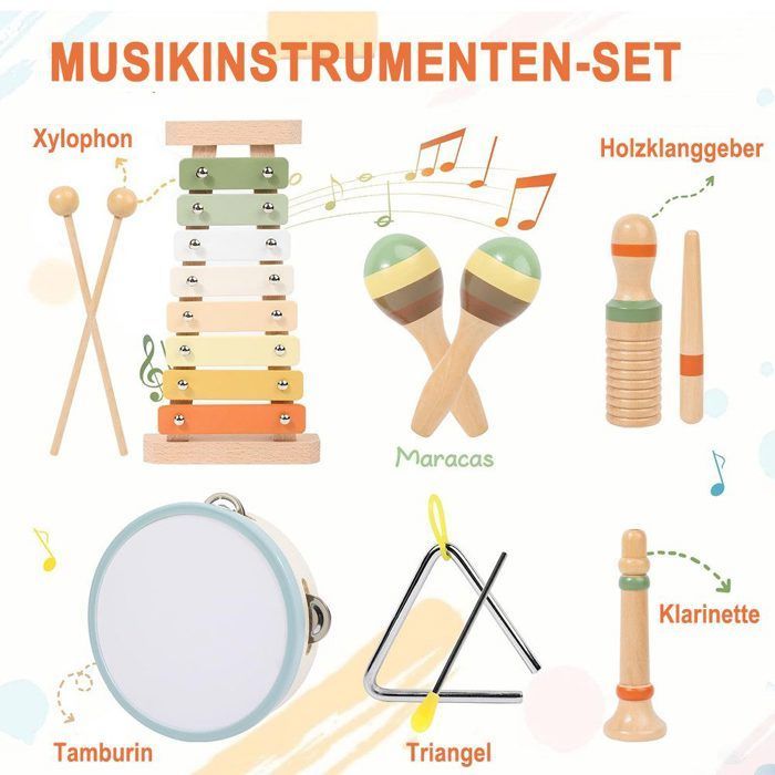 Juego de instrumentos musicales - 6 piezas, Juego de instrumentos musicales de madera para niños - Xilófono/Pandereta, ≥3 años