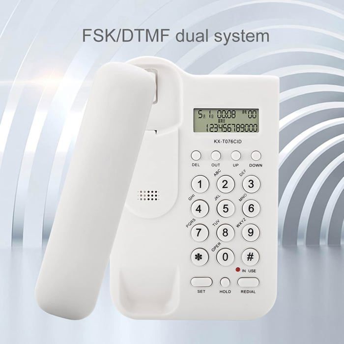 Telefone fixo com fio - FEBEST - Sistema duplo FSK/DTMF - 19,5 x 12,8 x 4,5 cm - Branco - Montagem em parede ou mesa