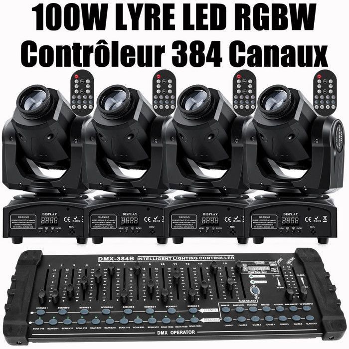 JAJALUYA 150W Jeux de Lumiere DJ - Lyre LED RGBW DMX Gobo Beam - Lumière de Scène Avec Console 384 Canaux - Pack DE 4