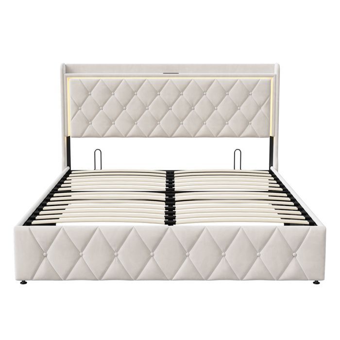 Lit 140x190 cm avec LED et USB - CWXL - lit coffre 140x190 avec sommier à lattes - cadre de lit adulte - tissu en velours - beige