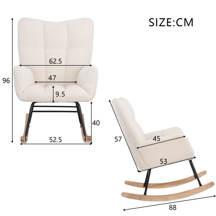 Mecedora, mecedora con forro polar Sherpa, silla de lactancia, con patas de madera maciza, blanca.