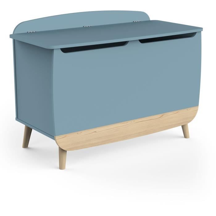 Coffre à jouets - FIRMIANA - style scandinave - Bleu orage et bois naturel - 82,4 x 39,1 x 58,9 cm - DEMEYERE