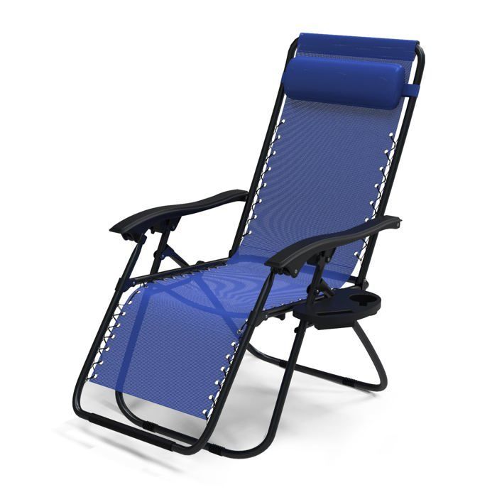 Tumbona reclinable plegable VOUNOT® de Textilene con portavasos - Carga máxima 120 kg - Azul