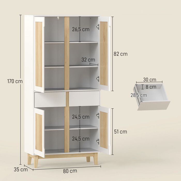 Aparador alto de cocina - HOMCOM - 4 puertas, 2 cajones, estantes ajustables - MDF y aglomerado - 80x35x170cm - blanco y roble