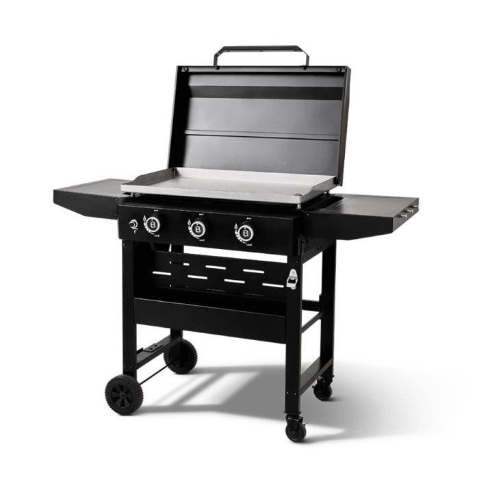 Plancha de gas Stellar 700 - BRASERO BY FAVEX - 3 quemadores 12 kW - Placa de acero inoxidable 69,5 x 44 cm - Para 12 personas - Tapa, carro incluido
