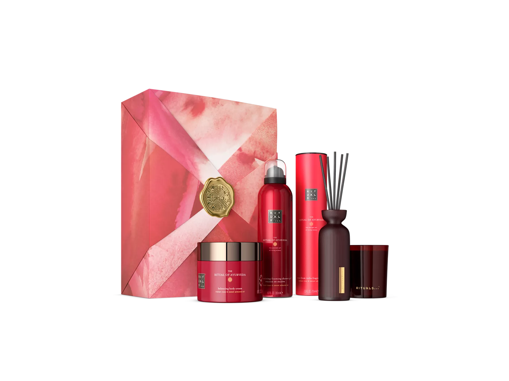 Coffret cadeau Le Rituel de l'Ayurveda : gel douche moussant 200 ml, crème pour le corps 200 ml, bougie parfumée 140 g, mini bâtonnets parfumés 70 ml