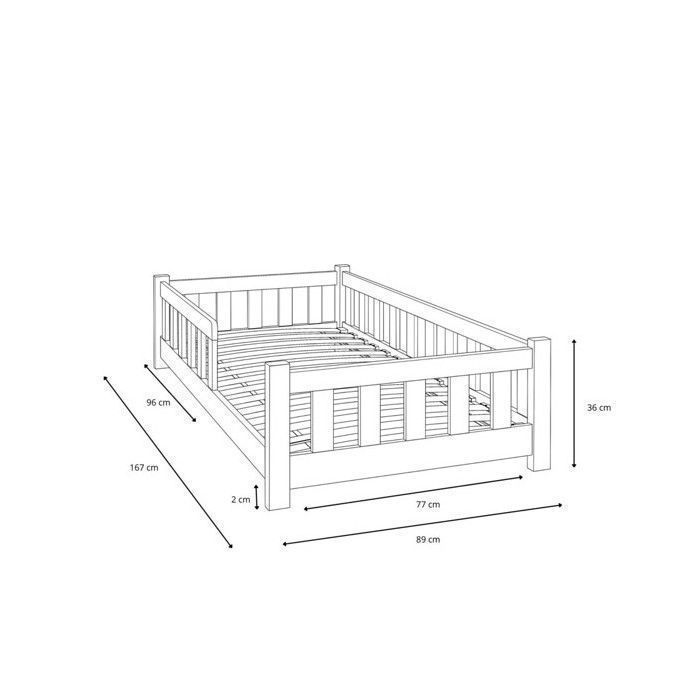 Cama infantil Montessori PINI de 80x160 cm en madera natural con barandilla de seguridad — Base de lamas, madera maciza de pino