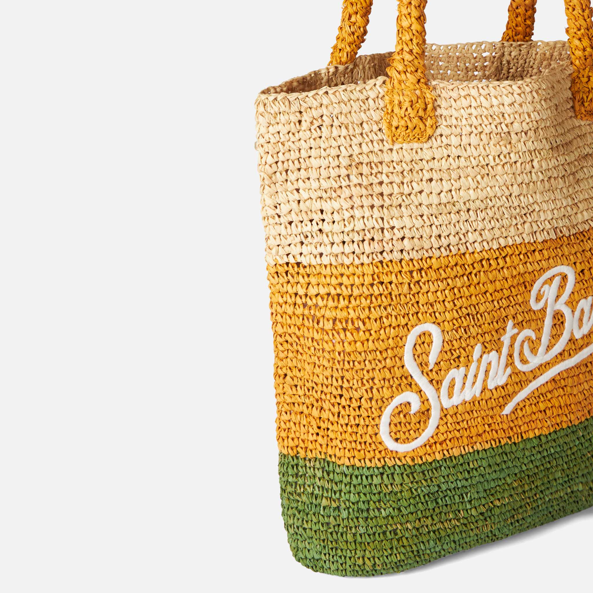 Raffia bucket bag met veelkleurige strepen en borduurwerk