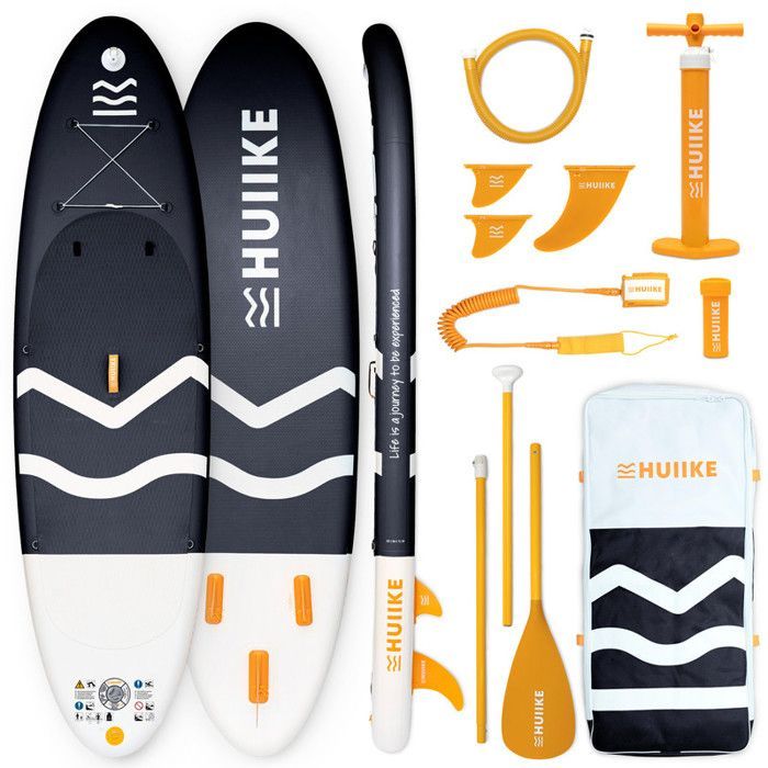 Paddle Gonflable Adulte Noir avec des Accessoires de Qualité - HUIIKE | Stand Up Paddle avec Pagaie en Aluminium, Pompe, Leash