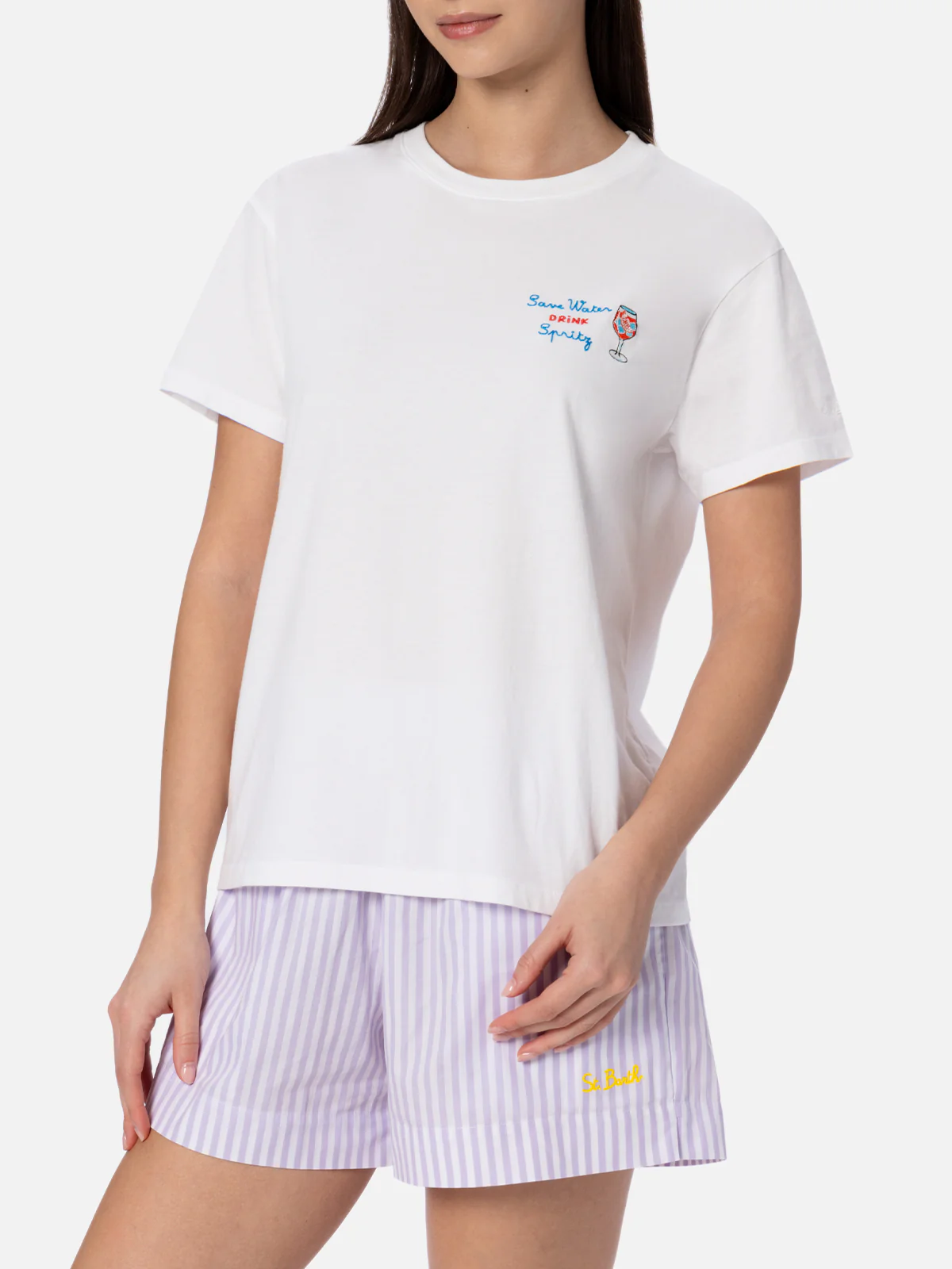 Emilie dames T-shirt met ronde hals van katoenen jersey en 'Save'-borduurwerk.