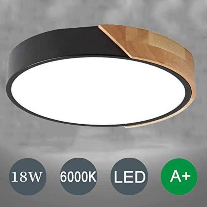 DELIPOP Plafonnier LED moderne 24W 6500K Noir Lampe de Plafond bois Rond chambre salle à manger cuisine - Lumière blanche - Dia