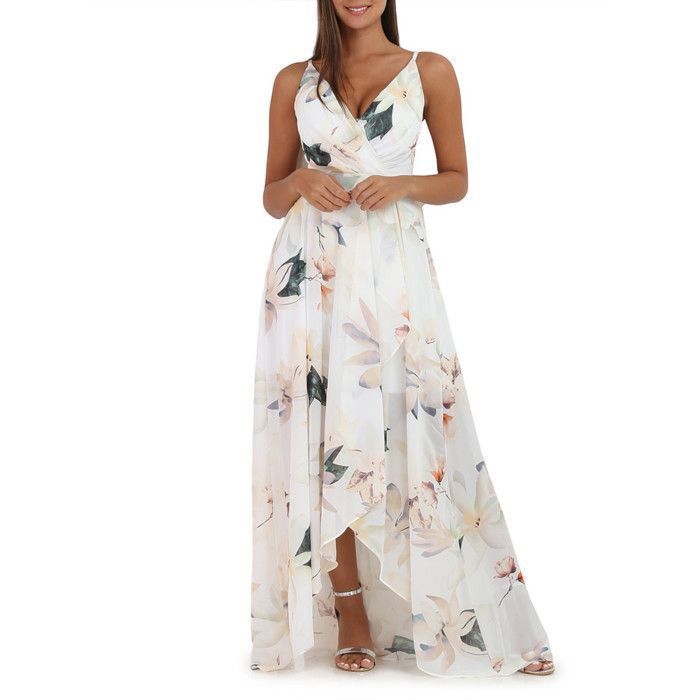 Robe longue portefeuille volantée en bas à fleurs XXL.Dotée de bretelles ajustables et de coques de maintien. pour femme - Robes -