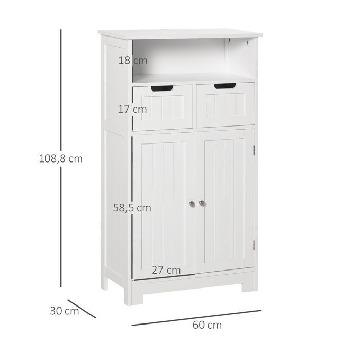 Meuble de salle de bain - kleankin - rangement 2 tiroirs niche placard porte étagère - bois - 60x30x109cm - blanc