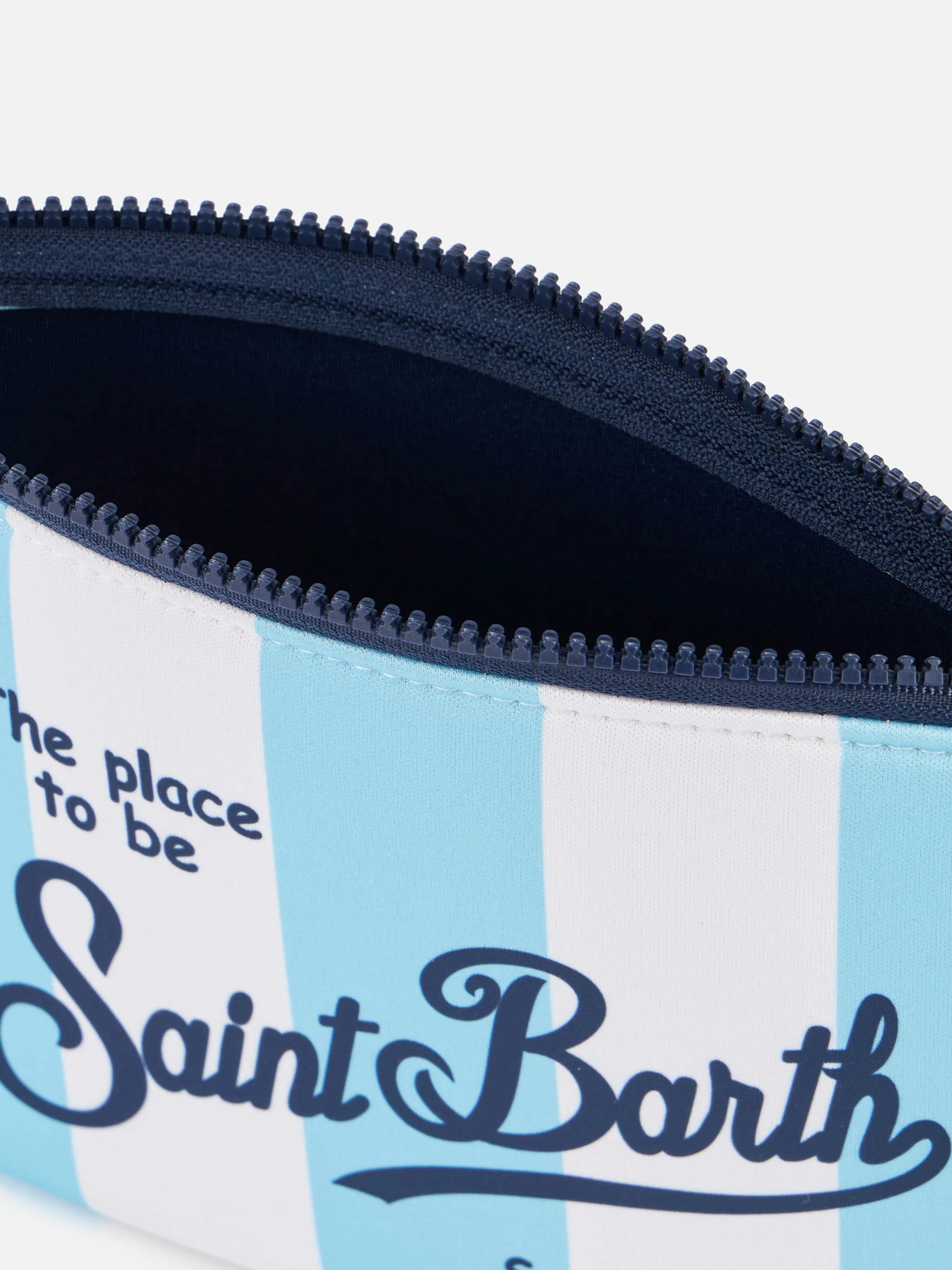 Aline Scuba Zipped Pochette - Light Blue Striped Print with Saint Barth Logo & Pull Tab | MC2 Saint Barth