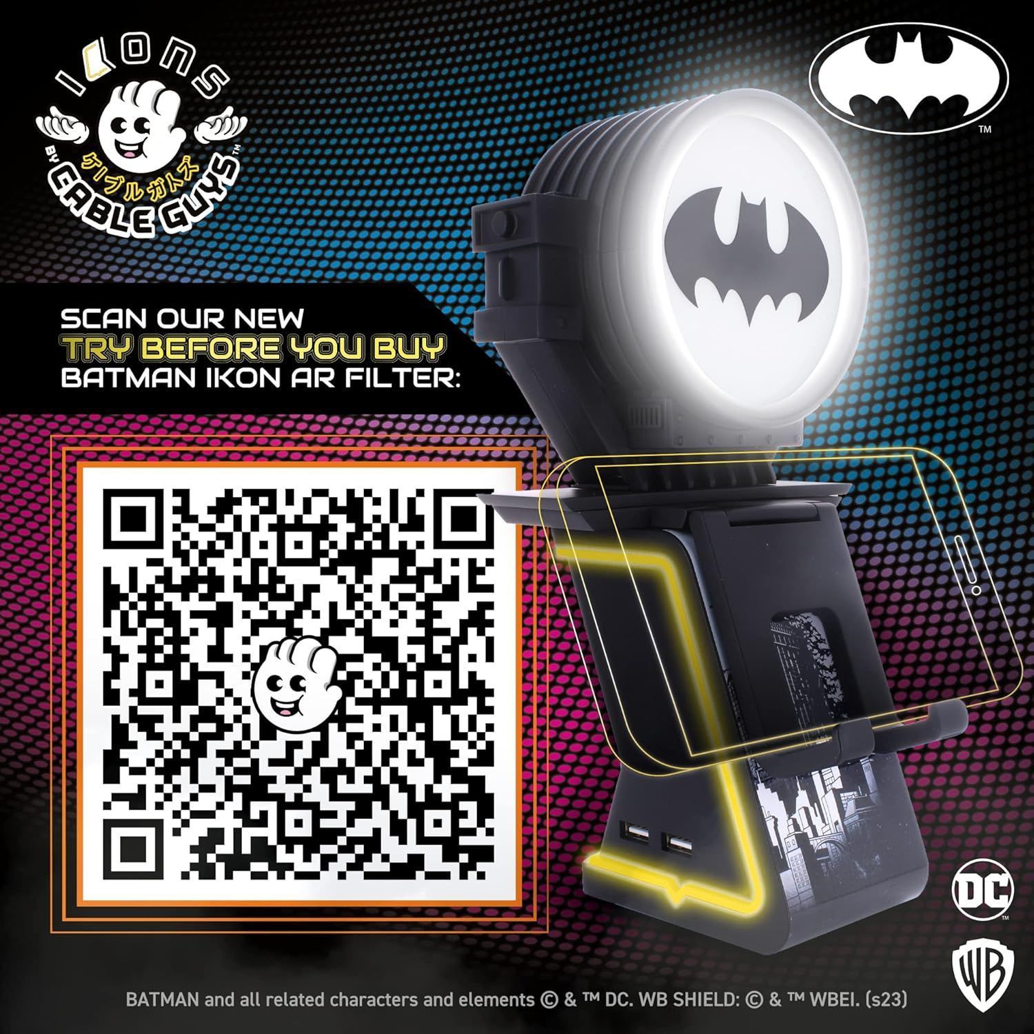 DC Comics Ikon Light Batman Figurine - EXQUISITE GAMING - Cable Guys - Headphone, smartphone, or small accessory holder - 25 cm