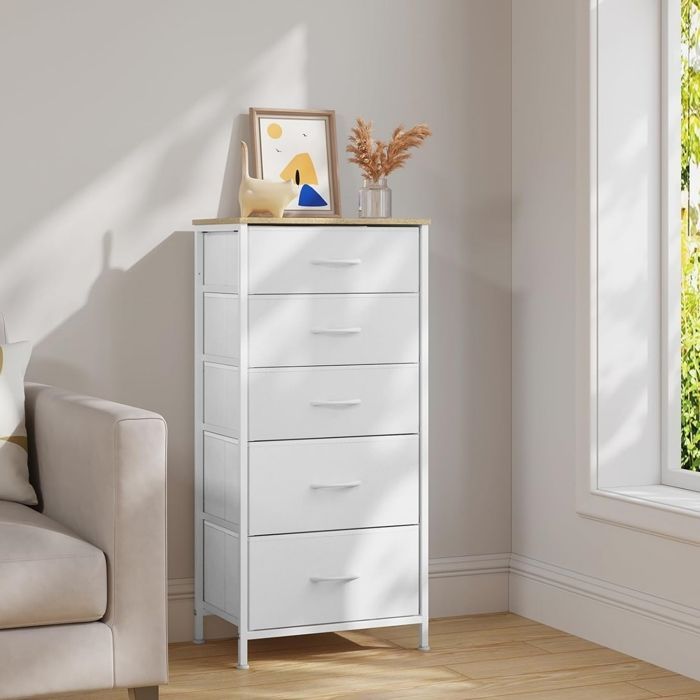 Commode - WOLTU - Opbergkast - 5 stoffen lades - MDF en metaal - Wit W0ITT5009