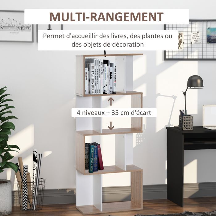 Estantería - HOMCOM - Mueble de almacenamiento en forma de S de 4 niveles para salón/dormitorio - Madera - 60x24x148cm - Blanco natural