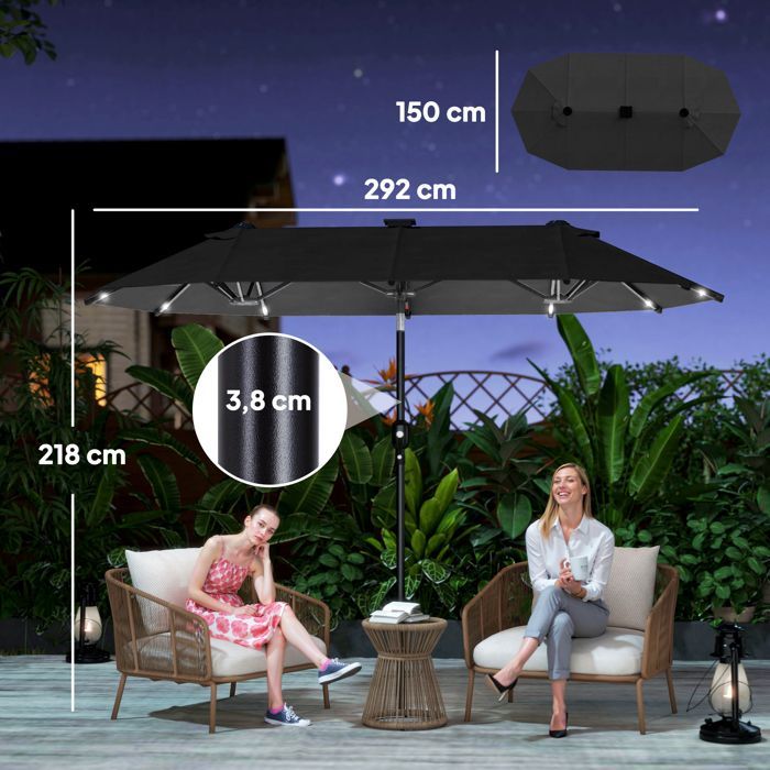 Ombrellone doppio da giardino - Outsunny - illuminazione solare - inclinazione a pulsante, manovella, 2 prese d'aria - 3 x 1,5 m - grigio