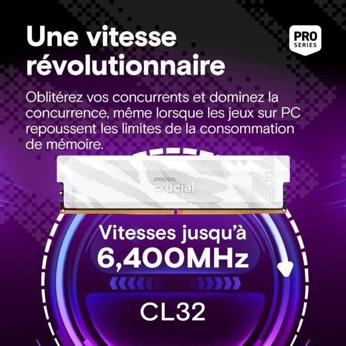 Memoria per gaming - CRUCIAL Pro OC - CP16G64C32U5W - 16GB DDR5-6400 UDIMM - CL32 con dissipatore di calore - Bianca