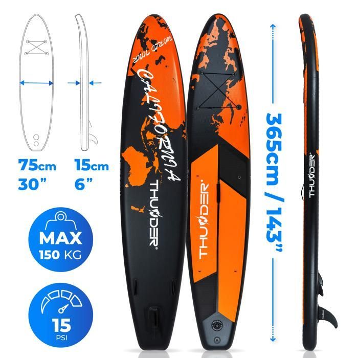 THUNDER® Tavola da Stand Up Paddle gonfiabile per touring | Accessorio completo | 365 cm | PVC | Stile EARTH | Arancione